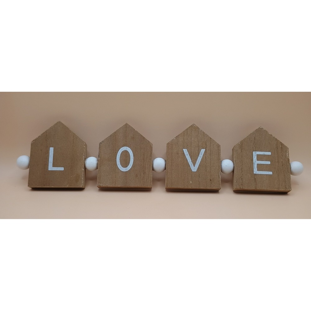Greenbrier Wood LOVE House Block Sign Beaded Farmhouse Decor Brown White 12 Inch